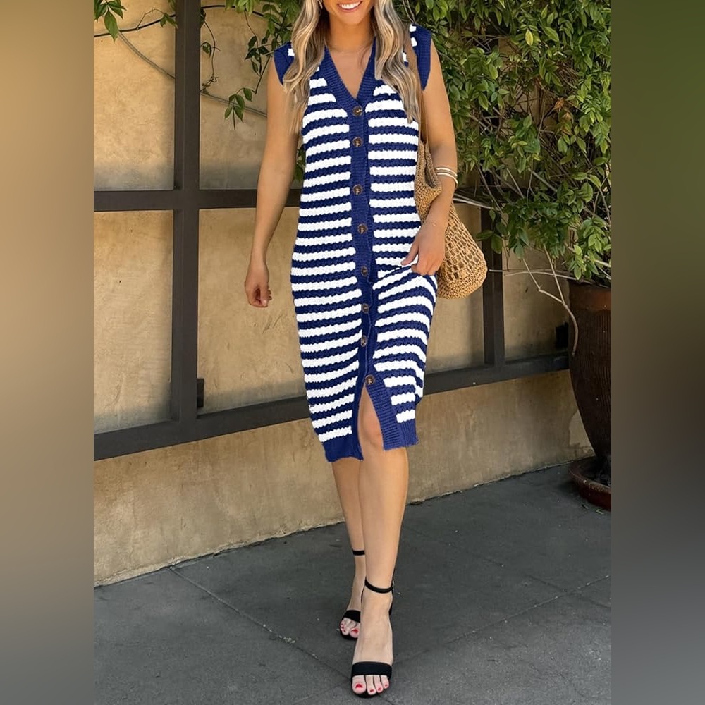 Women's V-Neck Striped Summer Tank Crochet Sweater Dress Size Small Blue & White